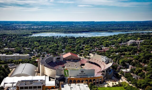 madison, wisconsin, university of wisconsin, nature, camp randall stadium, sports, buildings, structure, lake, landscape, aerial view, american football, wisconsin badgers, athletics, architecture, campus, hdr