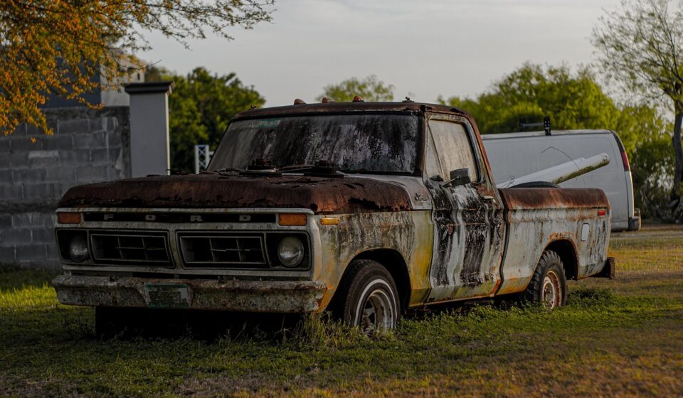 truck, pick-up truck, rusty truck, scrap, nature, junkyard, old truck, grass