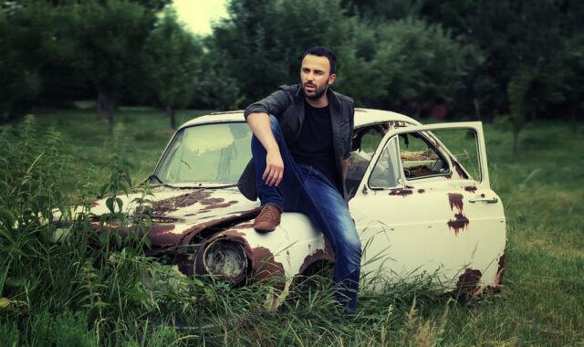 man, portrait, fashion, car wallpapers, adult, style, men's fashion, old car, abandoned car, broken car, modeling, pose, posing, outdoors, nature, sitting, relaxed, classic car, old, car, vintage, auto