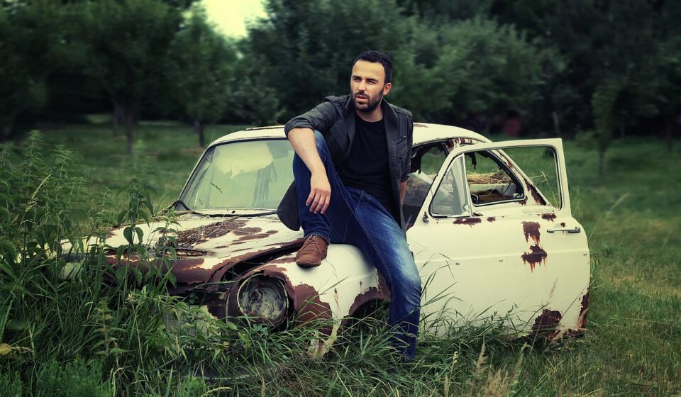 man, portrait, fashion, car wallpapers, adult, style, men's fashion, old car, abandoned car, broken car, modeling, pose, posing, outdoors, nature, sitting, relaxed, classic car, old, car, vintage, auto