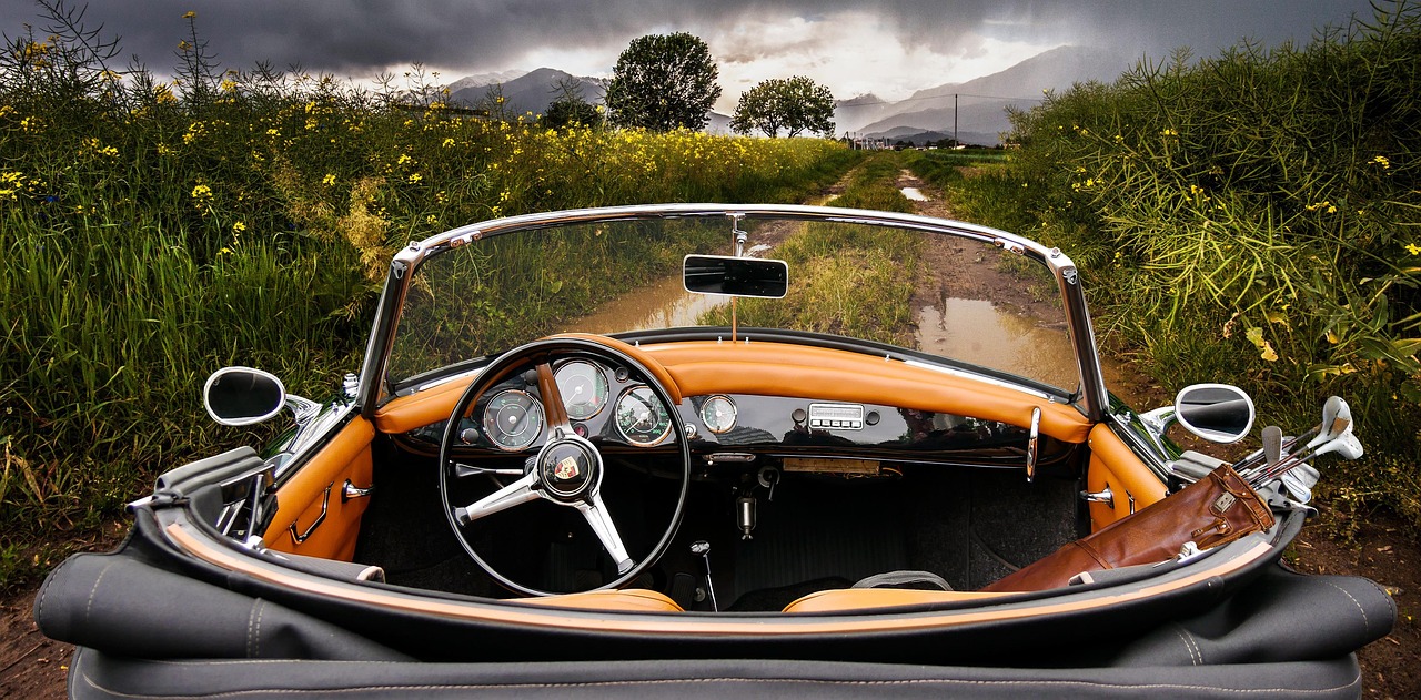 automobile, vehicle, drive, convertible, porsche, lane, rain, thunderstorm, water puddle, sports, nature, landscape, steering wheel, antique car, vacations, leisure time, sports car