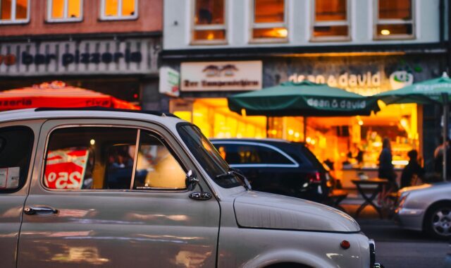 street, road, vehicle, car, auto, automotive, classic, old car, car wallpapers, vintage car, buildings, evening, urban, city