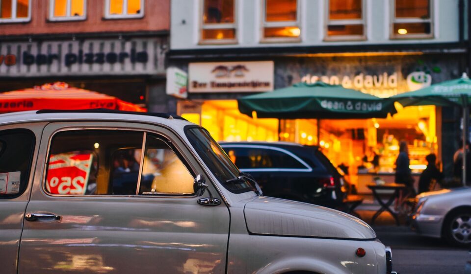 street, road, vehicle, car, auto, automotive, classic, old car, car wallpapers, vintage car, buildings, evening, urban, city